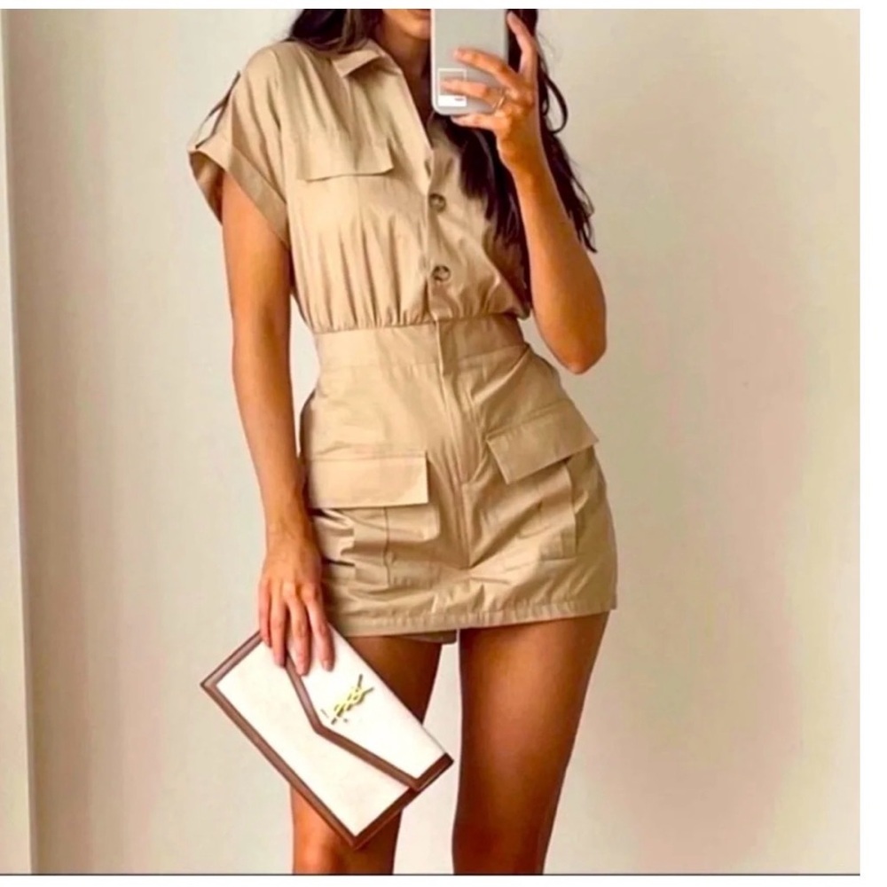 ZARA POPLIN CARGO JUMPSUIT TAN sz S Beige khaki Short Utility